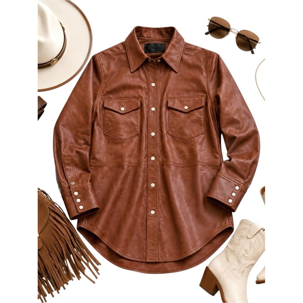 SPRWMN Brown Leather Snap Front Shirt Genuine Leather Small Quiet Luxury STAINED